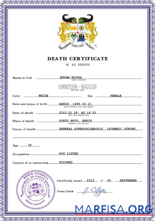 Printable Benin vital record death certificate PSD template